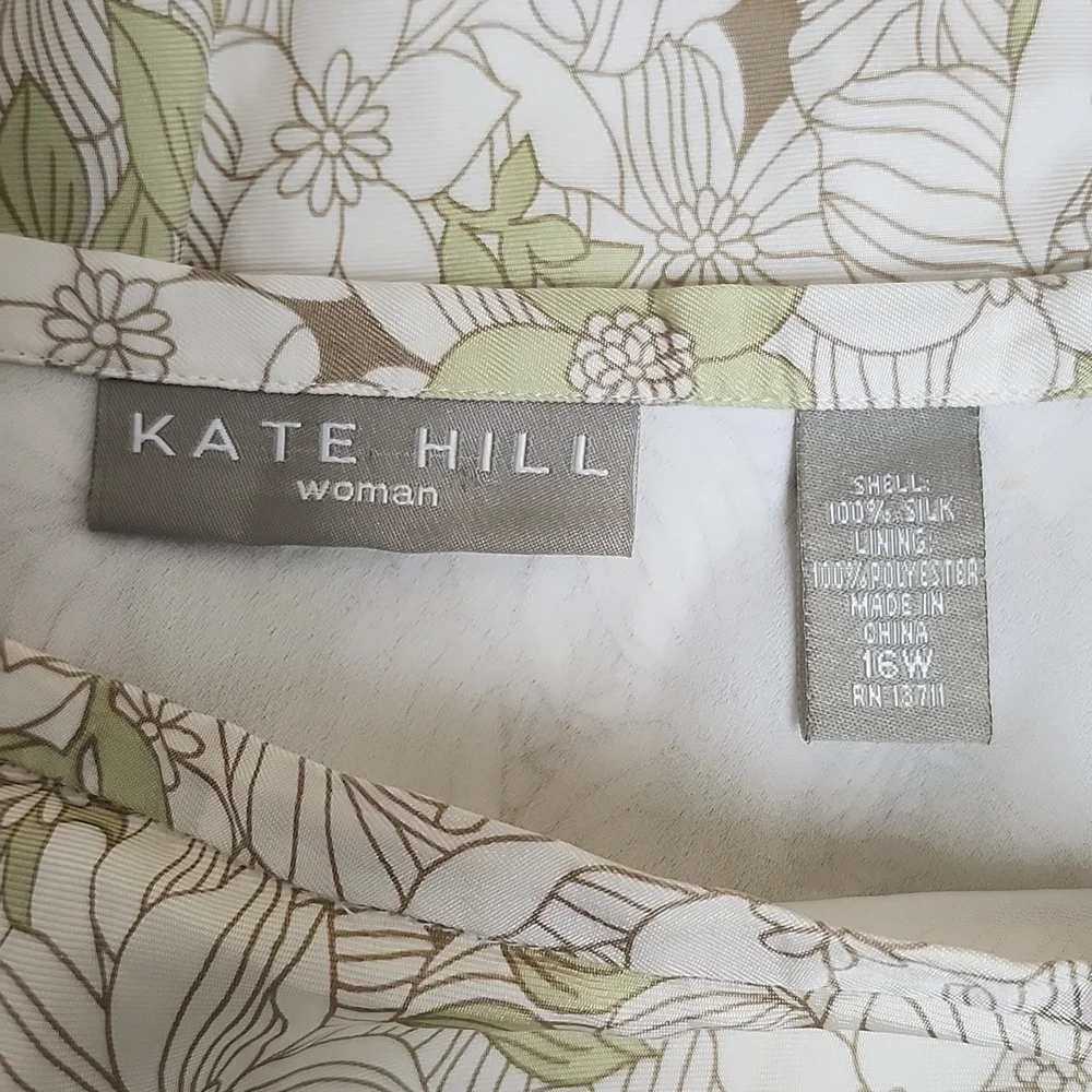 Kate Hill Size 16W Light Floral Print Silk A-Line Skirt light green/white - Picture 3 of 7